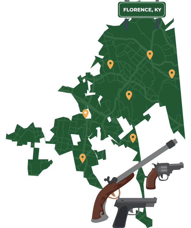 Picture of Florence, Kentucky City Map with Florence sign on it and places that we buy guns from.