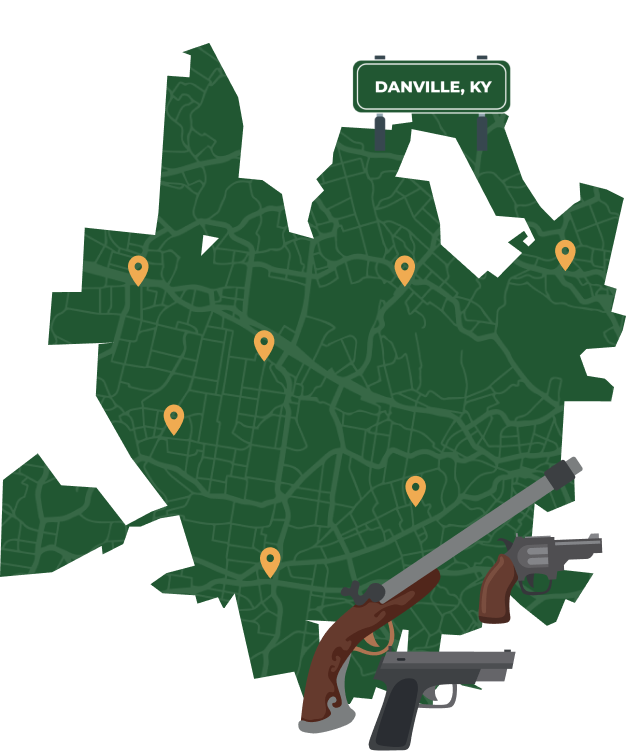 Picture of Danville, Kentucky City Map with Danville sign on it and places that we buy guns from.