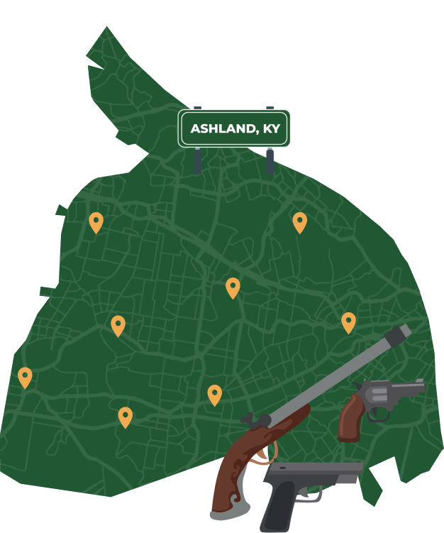 Picture of Ashland, Kentucky City Map with Ashland sign on it and places that we buy guns from.