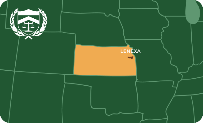 State map with Lenexa, Kansas highlighted, showing that Cash for Arms purchases guns in Lenexa