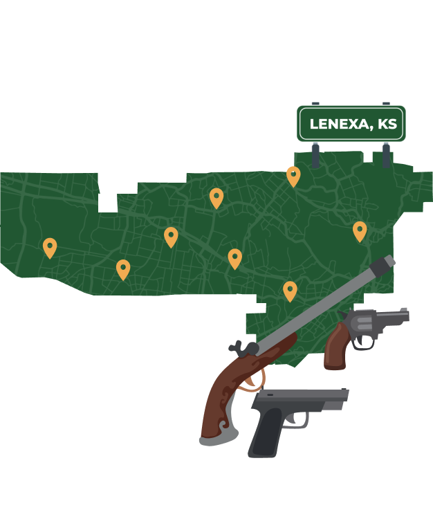 Picture of Lenexa, Kansas City Map with Lenexa sign on it and places that we buy guns from.