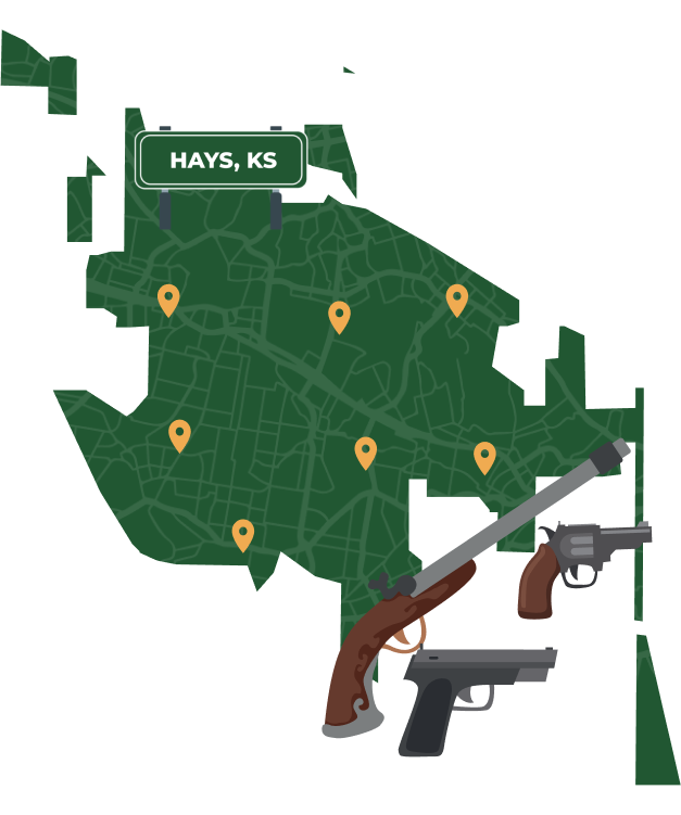 Picture of Hays, Kansas City Map with Hays sign on it and places that we buy guns from.
