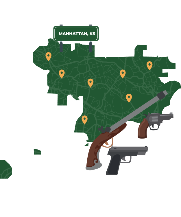 Picture of Manhattan, Kansas City Map with Manhattan sign on it and places that we buy guns from.