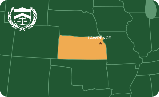 State map with Lawrence, Kansas highlighted, showing that Cash for Arms purchases guns in Lawrence