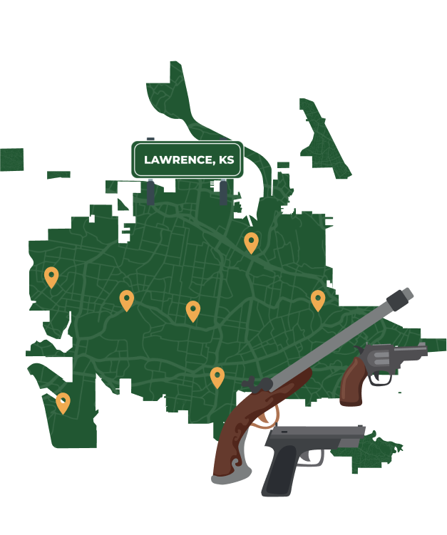Picture of Lawrence, Kansas City Map with Lawrence sign on it and places that we buy guns from.