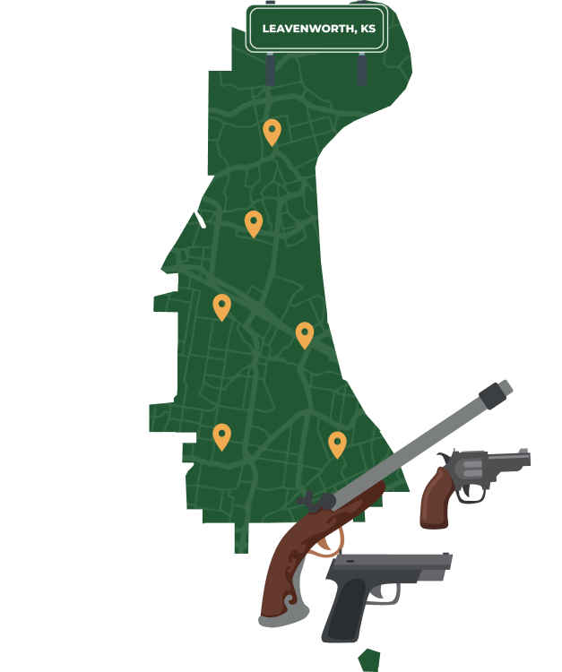Picture of Leavenworth, Kansas City Map with Leavenworth sign on it and places that we buy guns from.