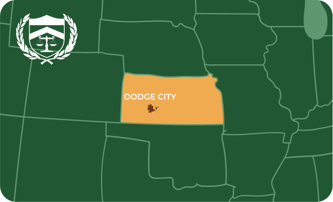 State map with Dodge City, Kansas highlighted, showing that Cash for Arms purchases guns in Dodge City
