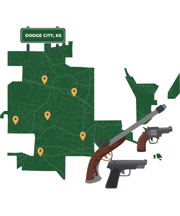 Picture of Dodge City, Kansas City Map with Dodge City sign on it and places that we buy guns from.