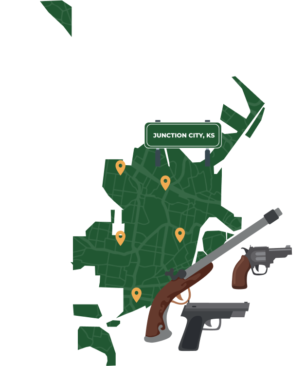 Picture of Junction City, Kansas City Map with Junction City sign on it and places that we buy guns from.