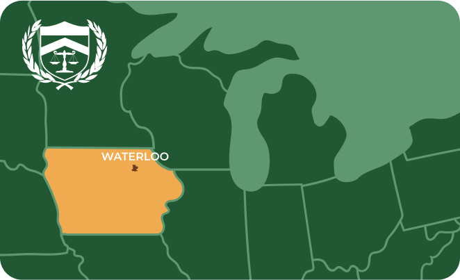 State map with Waterloo, Iowa highlighted, showing that Cash for Arms purchases guns in Waterloo