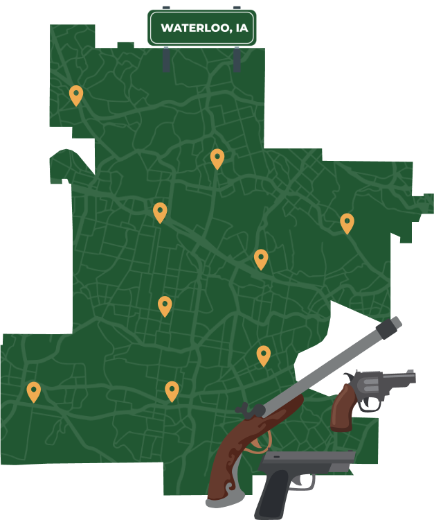 Picture of Waterloo, Iowa City Map with Waterloo sign on it and places that we buy guns from.