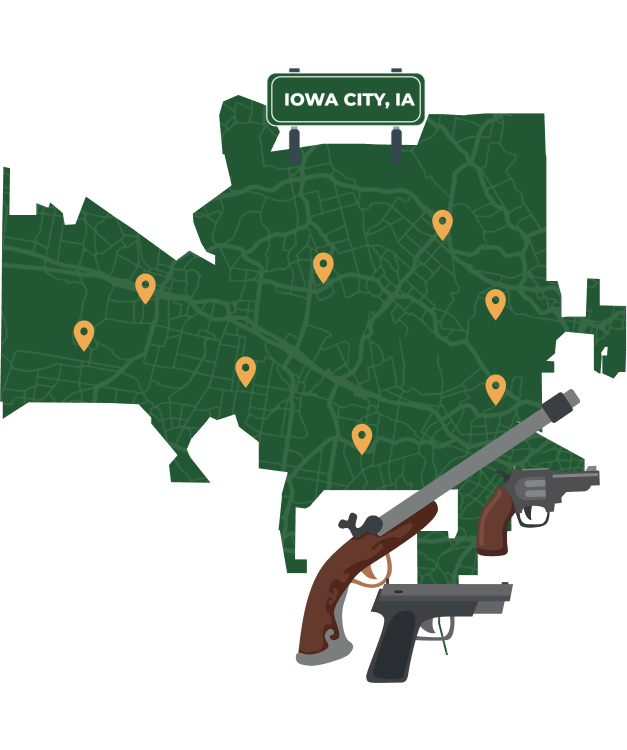 Picture of Iowa City, Iowa City Map with Iowa City sign on it and places that we buy guns from.