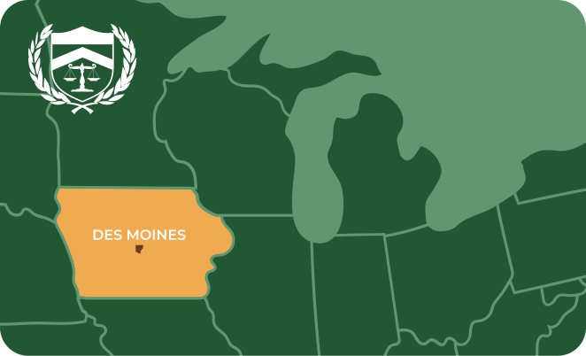 State map with Des Moines, Iowa highlighted, showing that Cash for Arms purchases guns in Des Moines