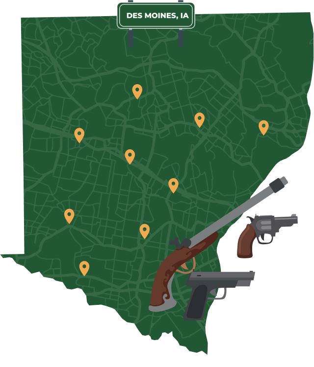 Picture of Des Moines, Iowa City Map with Des Moines sign on it and places that we buy guns from.