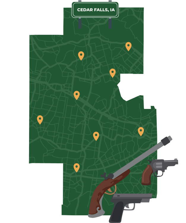 Picture of Cedar Falls, Iowa City Map with Cedar Falls sign on it and places that we buy guns from.