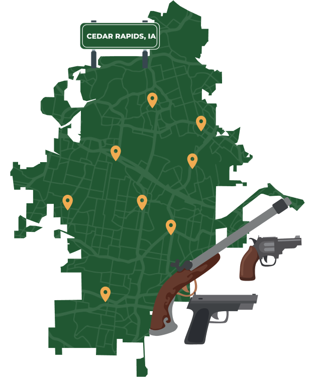 Picture of Cedar Rapids, Iowa City Map with Cedar Rapids sign on it and places that we buy guns from.