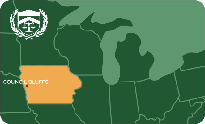 State map with Council Bluffs, Iowa highlighted, showing that Cash for Arms purchases guns in Council Bluffs