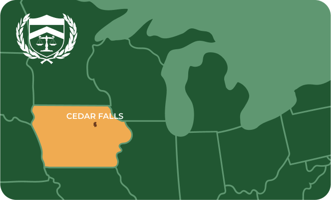 State map with Cedar Falls, Iowa highlighted, showing that Cash for Arms purchases guns in Cedar Falls