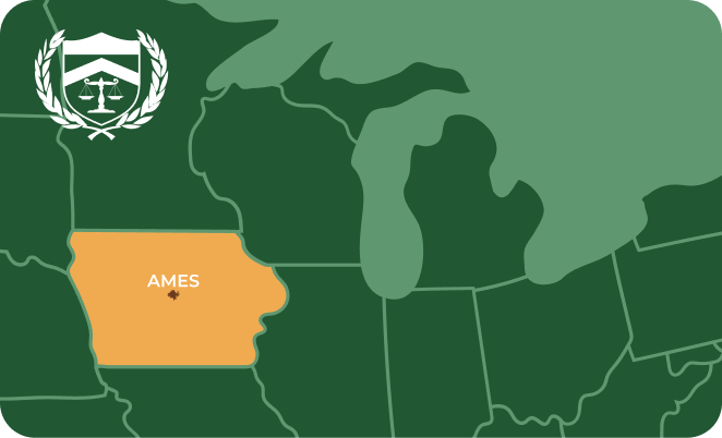 State map with Ames, Iowa highlighted, showing that Cash for Arms purchases guns in Ames