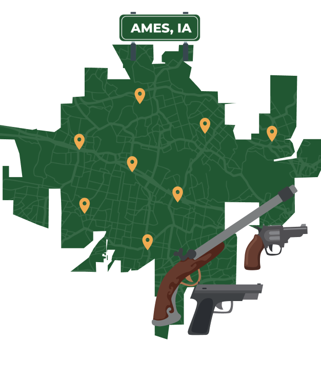 Picture of Ames, Iowa City Map with Ames sign on it and places that we buy guns from.