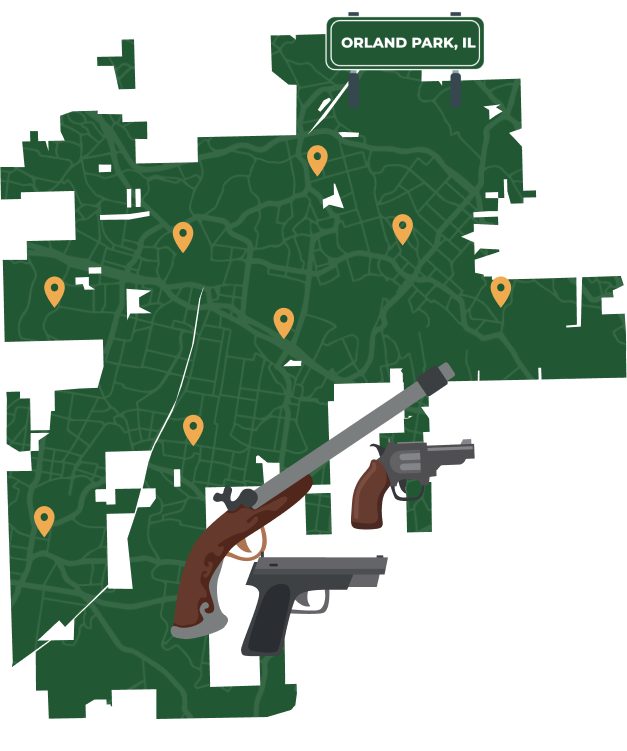 Picture of Orland Park, Illinois City Map with Orland Park sign on it and places that we buy guns from.