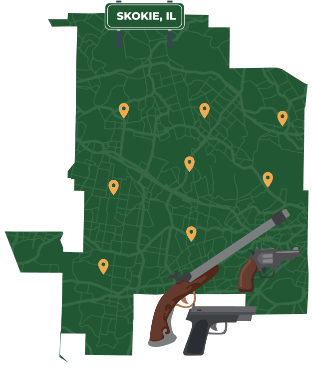 Picture of Skokie, Illinois City Map with Skokie sign on it and places that we buy guns from.