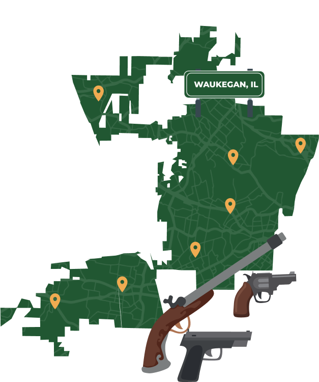 Picture of Waukegan, Illinois City Map with Waukegan sign on it and places that we buy guns from.