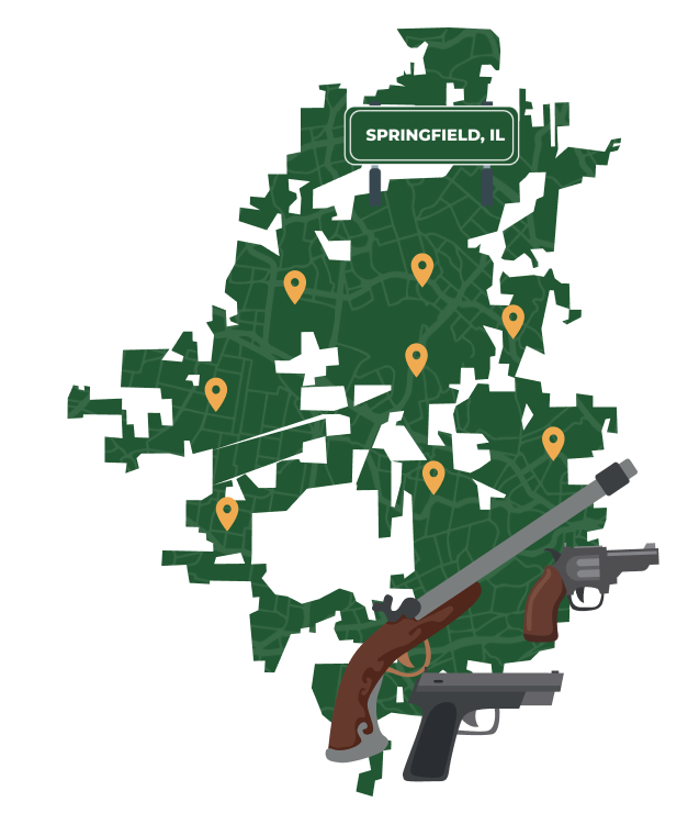 Picture of Springfield, Illinois City Map with Springfield sign on it and places that we buy guns from.