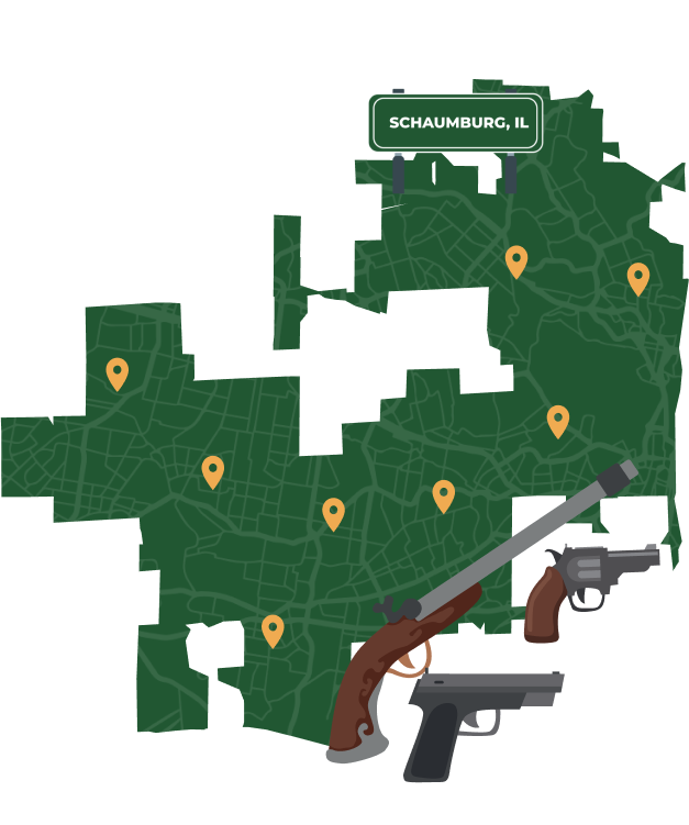 Picture of Schaumburg, Illinois City Map with Schaumburg sign on it and places that we buy guns from.