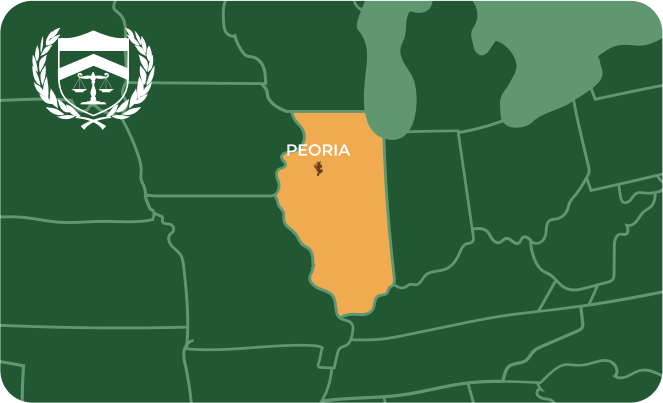 State map with Peoria, Illinois highlighted, showing that Cash for Arms purchases guns in Peoria