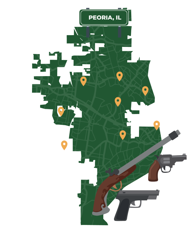 Picture of Peoria, Illinois City Map with Peoria sign on it and places that we buy guns from.