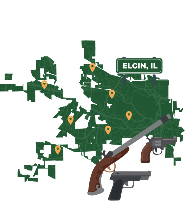 Picture of Elgin, Illinois City Map with Elgin sign on it and places that we buy guns from.