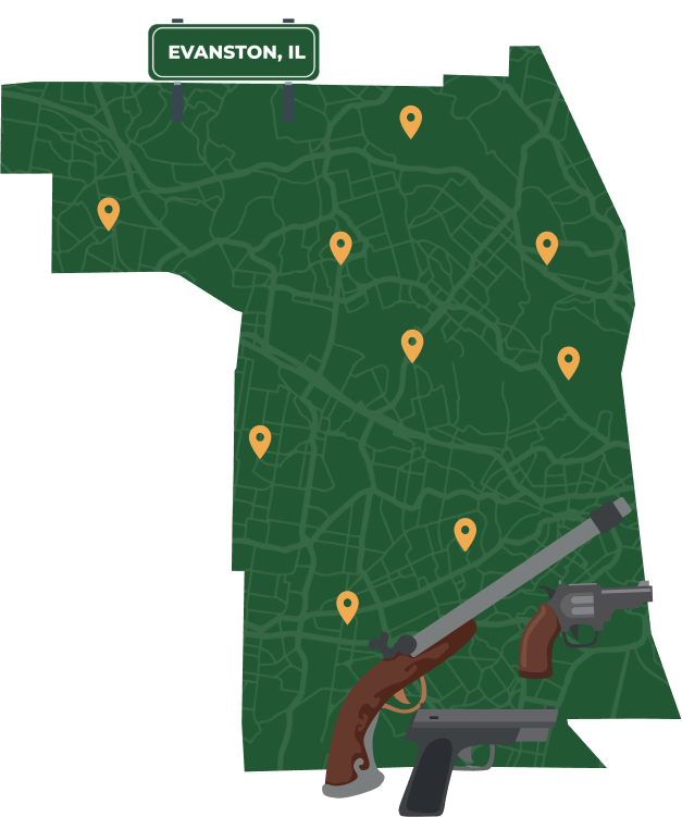 Picture of Evanston, Illinois City Map with Evanston sign on it and places that we buy guns from.
