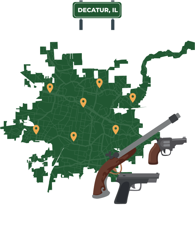 Picture of Decatur, Illinois City Map with Decatur sign on it and places that we buy guns from.