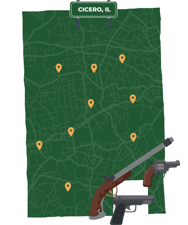 Picture of Cicero, Illinois City Map with Cicero sign on it and places that we buy guns from.