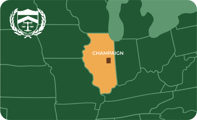 State map with Champaign, Illinois highlighted, showing that Cash for Arms purchases guns in Champaign