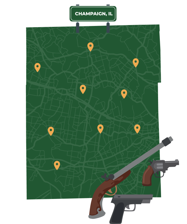 Picture of Champaign, Illinois City Map with Champaign sign on it and places that we buy guns from.