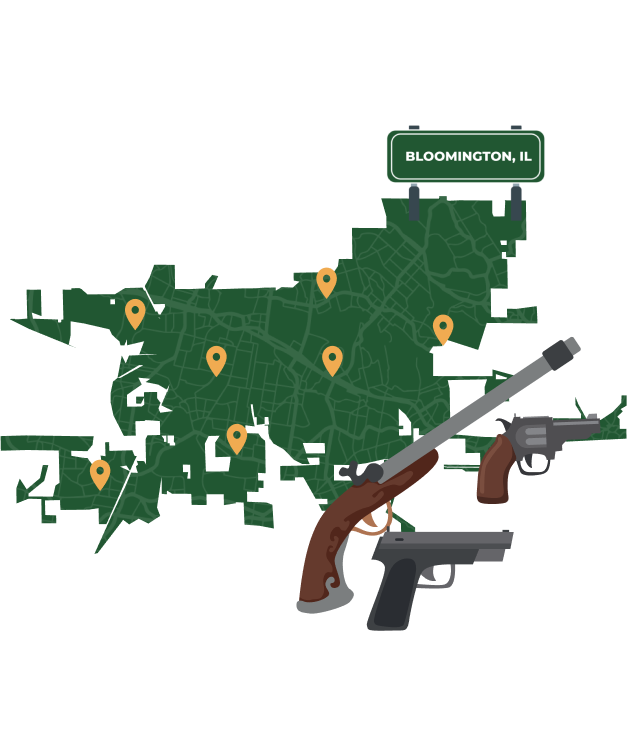 Picture of Bloomington, Illinois City Map with Bloomington sign on it and places that we buy guns from.