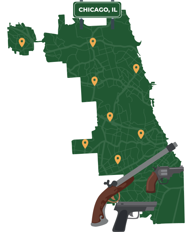 Picture of Chicago, Illinois City Map with Chicago sign on it and places that we buy guns from.