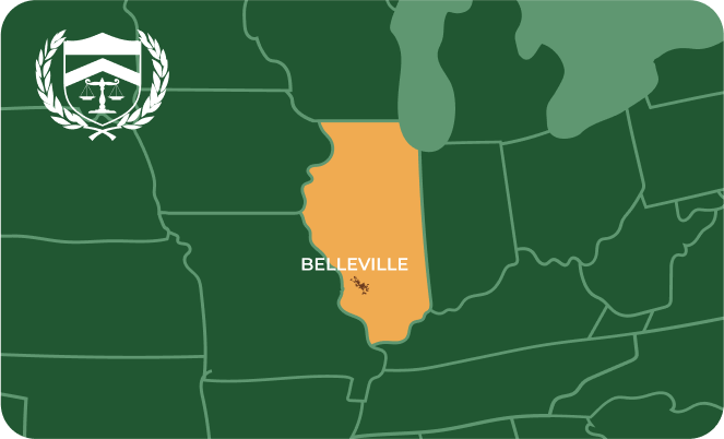 State map with Belleville, Illinois highlighted, showing that Cash for Arms purchases guns in Belleville