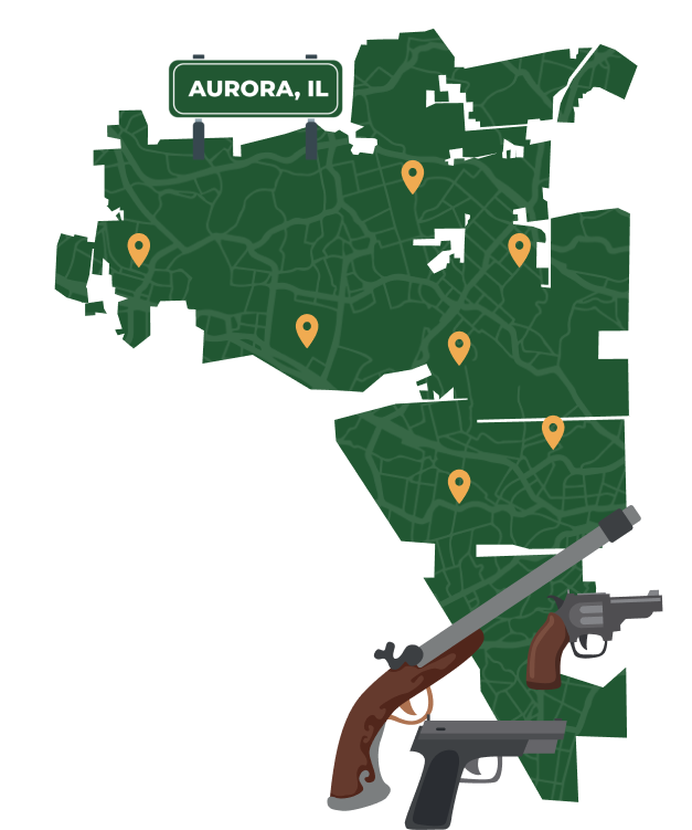 State map with Aurora, Illinois highlighted, showing that Cash for Arms purchases guns in Aurora