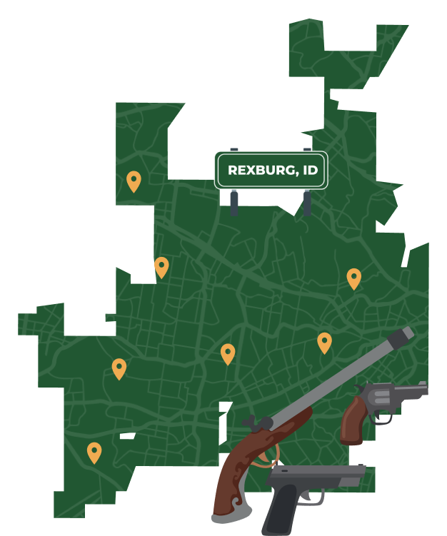 Picture of Rexburg, Idaho City Map with Rexburg sign on it and places that we buy guns from.