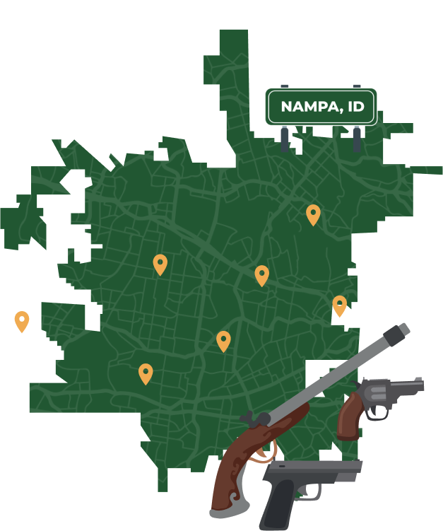 Picture of Nampa, Idaho City Map with Nampa sign on it and places that we buy guns from.