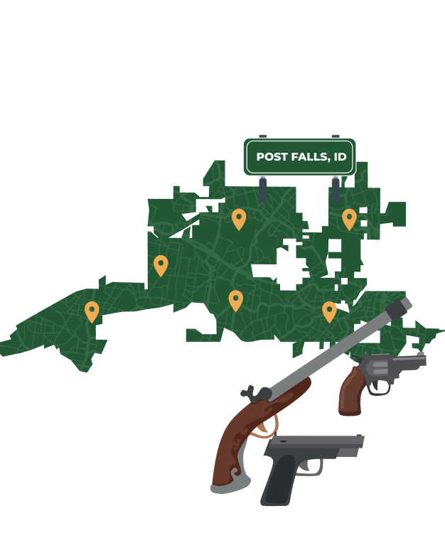 Picture of Post Falls, Idaho City Map with Post Falls sign on it and places that we buy guns from.