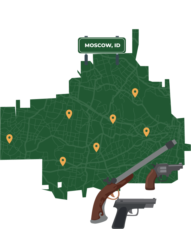 Picture of Moscow, Idaho City Map with Moscow sign on it and places that we buy guns from.