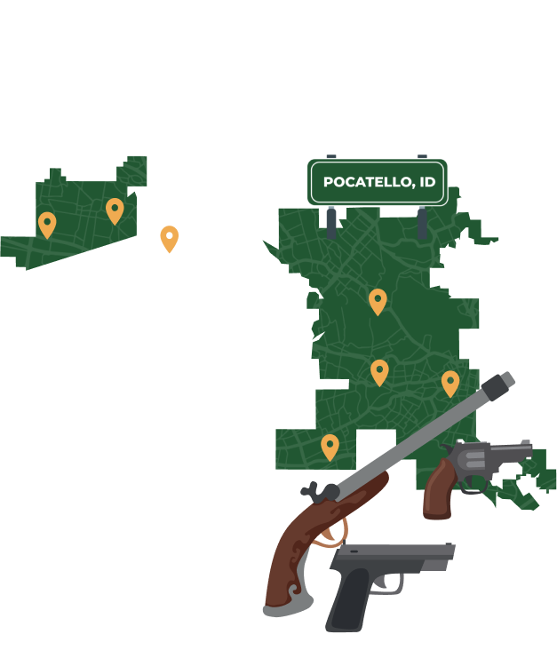 Picture of Pocatello, Idaho City Map with Pocatello sign on it and places that we buy guns from.