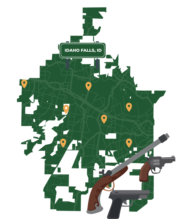 Picture of Idaho Falls, Idaho City Map with Idaho Falls sign on it and places that we buy guns from.