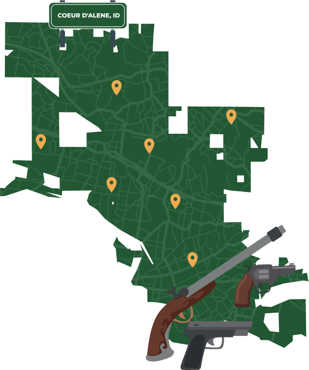 Picture of Coeur d'Alene, Idaho City Map with Coeur d'Alene sign on it and places that we buy guns from.