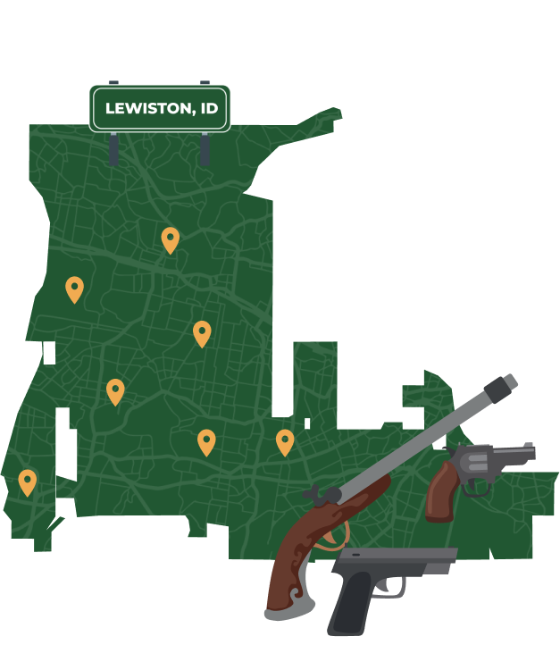 Picture of Lewiston, Idaho City Map with Lewiston sign on it and places that we buy guns from.