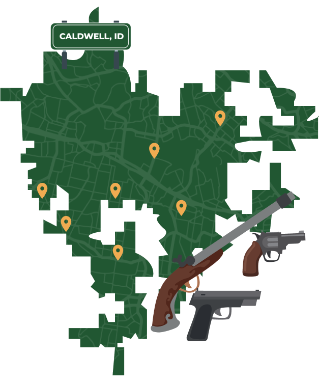 Picture of Caldwell, Idaho City Map with Caldwell sign on it and places that we buy guns from.